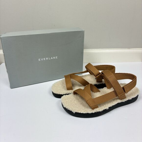 Everlane Woman Sandals Sz 8 Renew Teddy Sporty‎ Lounge Sandal Tan Sherpa NEW - Picture 2 of 9